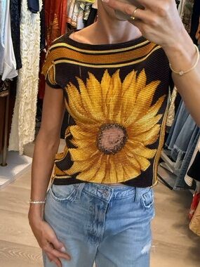 Vintage Sunflower Pleated Top | Y2k Stretch Floral Knit Blouse